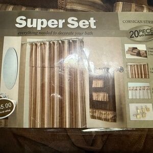 20 Piece Bath/Shower Bundle Brown/Gold/Tan Corsican Stripe Brand New!